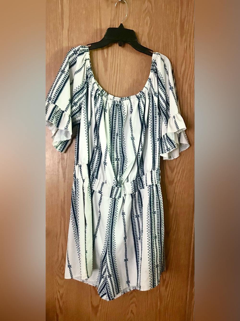 White and Blue Patterned Off-Shoulder Romper
